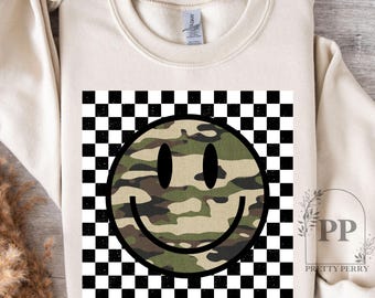 Camo Checkered Smiley PNG, Camo Png, Trendy Bow Design, Retro Checkered Design, Camo Hunting Png Design Digital, Camo Smile Sublimation