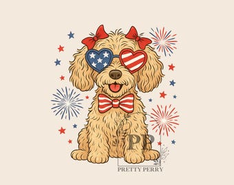 Goldendoodle 4 de julio PNG, Diseño patriótico para chica moderna, Diseño de sublimación del Día de la Independencia, Diseño de camiseta de verano para perros en julio, PNG preppy del 4 de julio