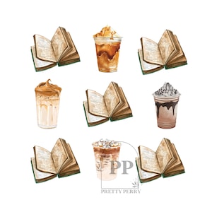 Lazo coqueto con café helado y libros PNG, sublimación de café helado de moda, diseño digital preppy femenino y literario