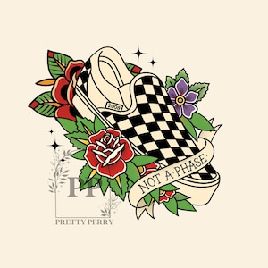 Op de afbeelding: Een tattoo-achtige illustratie van een geblokte slip-on schoen met een banner met de tekst "NOT A PHASE". De schoen is omgeven door rode rozen, groene bladeren en een paarse bloem. Het jaar "2008" staat op de schoen.