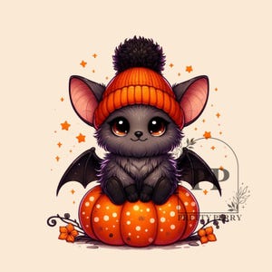 Könnte beinhalten: Ein niedlicher Cartoon-Fledermaus mit einer orangefarbenen Strickmütze und schwarzem Bommel, die auf einem großen orangefarbenen Kürbis mit weißen Punkten sitzt. Die Fledermaus hat große braune Augen und schwarze Flügel. Orangefarbene Sterne und Blumen.