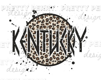 May include: A black and white graphic design of the word "KENTUCKY" with a leopard print circle behind it. The design is on a white background with black splatters.