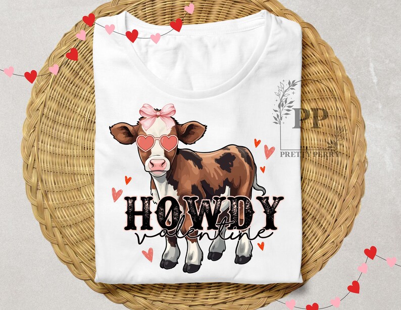 Pu&ograve; includere: Maglietta bianca con una mucca marrone e bianca che indossa occhiali da sole a forma di cuore rosa e un fiocco rosa. Il testo "Howdy Valentine" &egrave; stampato in nero sulla maglietta.