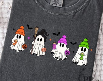 Fantasma de Halloween moderno PNG, Fantasma de Halloween retro PNG, Diseño de camiseta de Halloween de otoño, Sublimación de fantasma moderno, DTF, Café helado fantasma PNG