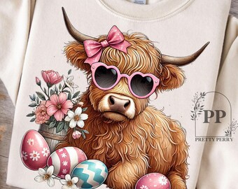 Vaca de Pascua de las Tierras Altas PNG, Sublimación de Pascua, PNG de Pascua, Diseño de camiseta de Pascua para niña pequeña, Conejito de Pascua Png, Diseño de Pascua de moda