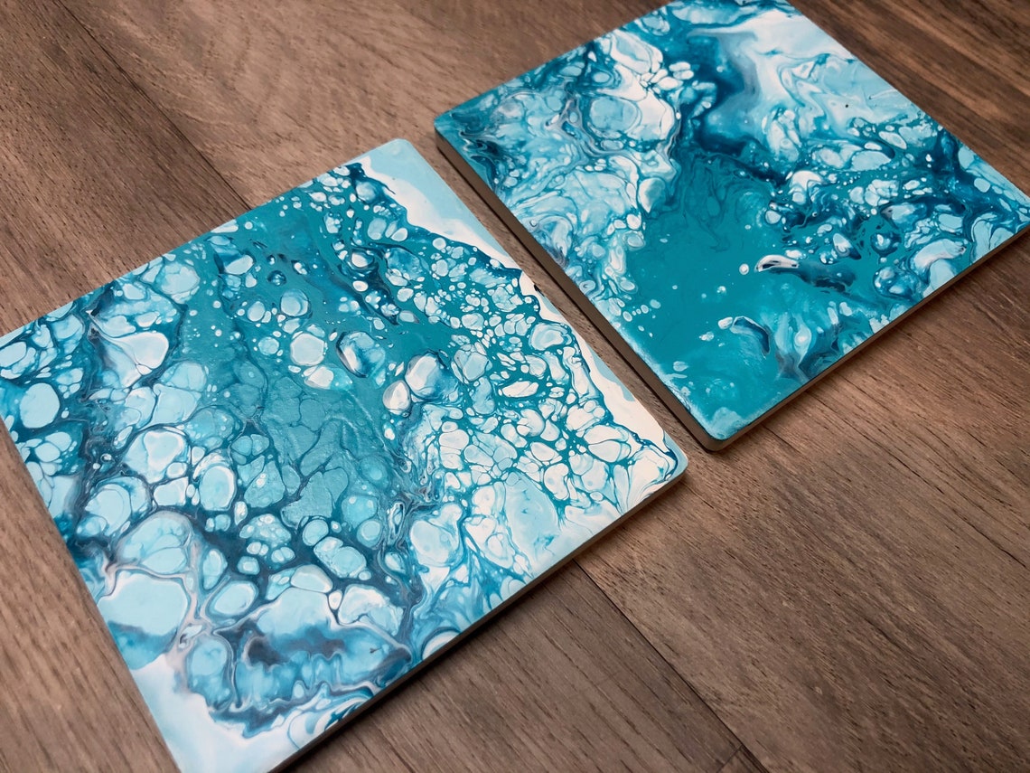 Acrylic Pour Painting Ceramic Coasters Set of 2 Etsy