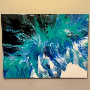Ocean Bloom – Original Acrylic Pour Painting | Abstract Fluid Art on Canvas | Coastal Wall Decor