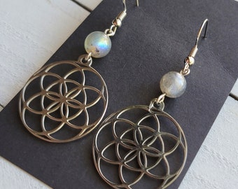 Edelstahl Blume des Lebens Charms & Labradorit Perlen Tropfen baumeln Ohrringe