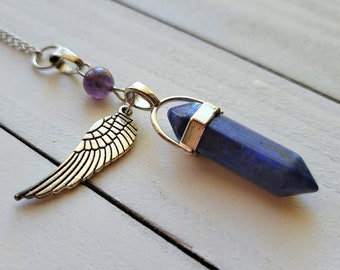 Lapis Lazuli Anhänger mit Flügel Charm & Amethyst Perle Pendel
