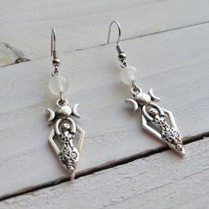 White Jade Bead Triple Moon Goddess Dangle Drop Earrings