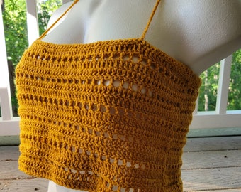 Handgemachtes senfgelbes Polyester Spaghetti-Träger Crop Tank Top Größe L-XL