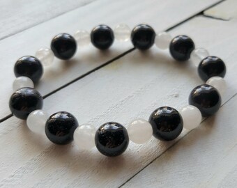 Schwarz Goldstone & Schneewittchen Quarz Stretch Armband