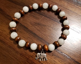 Holz & Amazonit Stretch Armband mit Elefanten Anhänger