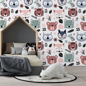 Carta da parati per bambini con teste di animali e fiori, volpe, gufo, orso, decorazione murale per la cameretta dei bambini, stacca e incolla, autoadesiva, rimovibile, decorazione da parete