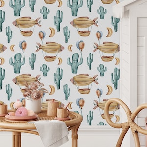 Carta da parati acquerello, cactus astratto e dirigibile, Decorazione murale, Rimovibile, Autoadesiva (stacca e incolla), Non autoadesiva (vinile)