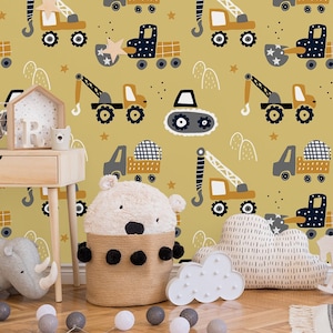 Gelbe Tapete für Jungen mit Baggern und Kränen, Kinderzimmer-Wandbild, abziehen und aufkleben, selbstklebend, abnehmbar, Wanddekoration