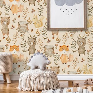 Carta da parati giallo chiaro e beige per bambini con animali della foresta, volpi, cervi, decorazione murale per la cameretta dei bambini, stacca e incolla, autoadesiva, decorazione da parete