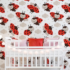 Carta da parati per bambini con coccinelle volanti rosse, decorazione murale per la cameretta dei bambini, stacca e incolla, autoadesiva, rimovibile, decorazione da parete