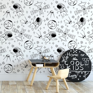 Carta da parati con astronauta, razzo e pianeti, Rimovibile, Decorazione da parete per la cameretta dei bambini, Autoadesiva (stacca e incolla), Non autoadesiva (vinile)