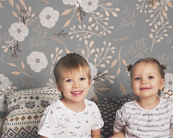 Beautiful floral wallpaper with small flowers and leaves on a gray background, floral pattern |  Peel and Stick, Self-Adhesive, Wall Decor