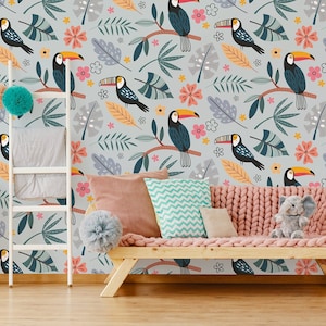 Tropische Baby-Tapete mit exotischen Blättern und Tukanen, Tapete für Kinder, Kinderzimmer-Wandbild, abziehen und aufkleben, selbstklebend, Wanddekoration