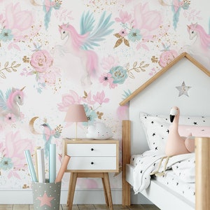 Einhörner und Rosen, weiße und rosa Tapete für Mädchen, Kinderzimmer-Wandbild, abziehen und aufkleben, selbstklebend, Wanddekoration