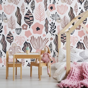 Kids Wallpaper with Cartoon, Abstract Pink and Black Plants and Leaves, Nursery Wall Mural, Peel and Stick, Self-Adhesive, Wall Decor