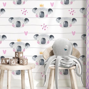 Carta da parati a righe con simpatico orsetto koala e cuore, rimovibile, decorazione da parete per la cameretta dei bambini, autoadesiva (stacca e incolla), non autoadesiva (vinile)