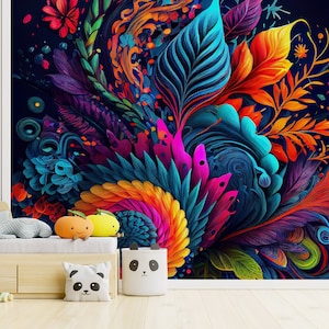 Colorful abstract wallpaper flowers and leaves, Removable Mural, Nursery Wall Art, Self Adhesive(Peel and Stick), Non Self Adhesive(Vinyl)