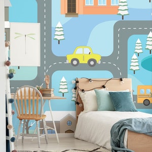 Carta da parati con mappa invernale, modello di strade, automobili e case, paesaggio urbano innevato, modello di pista automobilistica | Stacca e incolla, autoadesivo, decorazione da parete