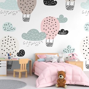 Hot Air Balloons and Clouds, Wallpaper for Kids, Nursery Wall Mural, Peel and Stick, Self-Adhesive, Wall Decor