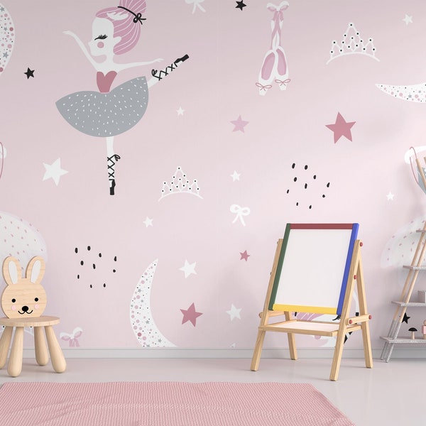 Childish pattern, wallpaper with cute ballerina dancing, moon, dress, tiara pattern |  Peel and Stick, Self-Adhesive, Wall Decor