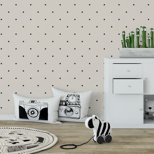 Beige Wallpaper with Black Dots, Wallpaper for Kids, Nursery Wall Mural, Peel and Stick, Self-Adhesive, Removable, Wall Decor