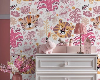 Tiger wallpaper with flowers, Removable Mural, Nursery Wall Art, Self Adhesive (Peel and Stick), Non Self Adhesive (Vinyl)