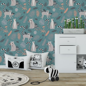 Tapete mit Lemuren, tropischen Palmblättern, Wandbild für Kinder, abziehen und aufkleben, selbstklebend, abnehmbar, Wanddekoration