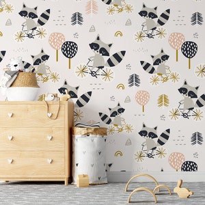 Animal Wallpaper with Gray Cartoon Raccoons on Bike, Wallpaper for Kids, Nursery Wall Mural, Peel and Stick, Self-Adhesive,  Wall Decor