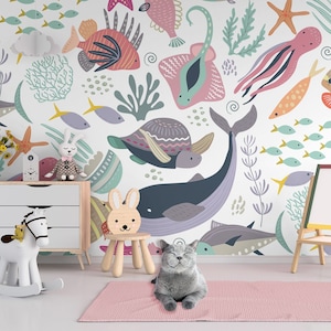 Underwater Wallpaper, Marine Life, Sea Animals Pattern | Peel and Stick, Self Adhesive, Baby & Kids Room, Removable Nursery Mural