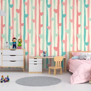 Carta da parati a strisce e cuori pastello, decorazione murale per la cameretta dei bambini, stacca e incolla, autoadesiva, decorazione da parete