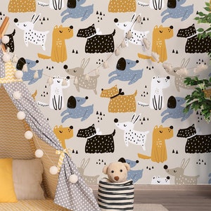 Beige Wallpaper for Kids With Cartoon Yellow and Blue Dogs, Nursery Wall Mural, Peel and Stick, Self-Adhesive, Removable, Wall Decor