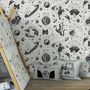 Cat pattern, galaxy wallpaper, space animal, Wall Decor, Self Adhesive (Peel and Stick), Non Self Adhesive (Vinyl), Kids, Nursery wallpaper