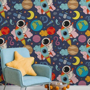 Carta da parati spaziale astratta con astronauta, razzo, decorazione murale, rimovibile, autoadesiva (stacca e incolla), non autoadesiva (vinile)