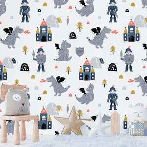 Carta da parati bianca con cavaliere grigio e blu, drago e castello, decorazione murale per la cameretta dei bambini, stacca e incolla, autoadesiva, rimovibile, decorazione da parete
