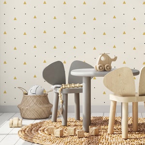 Beige Baby-Tapete, gelbe Dreiecke und schwarze Punkte, geometrische Wohndekoration, Kinderzimmer-Wandbild, abziehen und aufkleben, selbstklebend, Wanddekoration