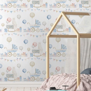 Watercolor wallpaper with pastel baby pattern, Wall Mural, Removable, Self Adhesive (Peel and Stick), Non Self Adhesive (Vinyl)