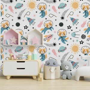 Space wallpaper with cute foxes, Self Adhesive (Peel and Stick), Non Self Adhesive (Vinyl), Kids, Nursery wallpaper