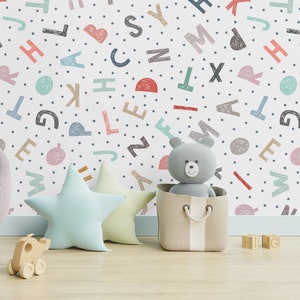 Papel de parede branco para crianças com letras coloridas desenhadas à mão, mural de parede do berçário, descascar e colar, autoadesivo, removível, decoração de parede