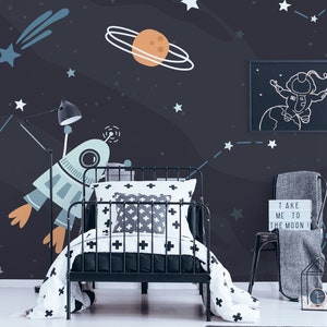 Carta da parati scura, cosmo, spaziale per bambini con razzo e astronauta, decorazione murale, stacca e incolla, autoadesiva, decorazione da parete
