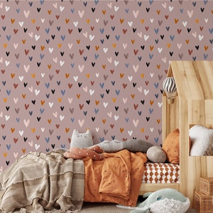 Colorful heart pattern wallpaper, boho style, Removable Mural, Nursery Wall Art, Self Adhesive (Peel and Stick), Non Self Adhesive(Vinyl)