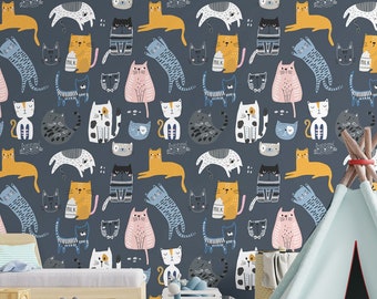 Wallpaper with cute colorful cats, navy blue background, creative pattern for kids | Peel and Stick, Self-Adhesive, Wall Decor