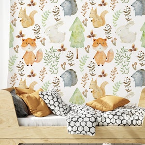 Carta da parati con animali della foresta disegnati a mano per bambini, simpatiche volpi, scoiattoli, ricci, decorazione murale per la cameretta dei bambini, stacca e incolla, autoadesiva, decorazione da parete